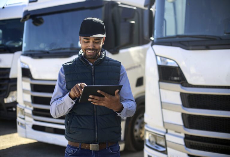 Truck driver using a tablet